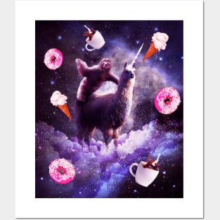 Outer Space Sloth Riding Llama Unicorn - Donut Posters and Art